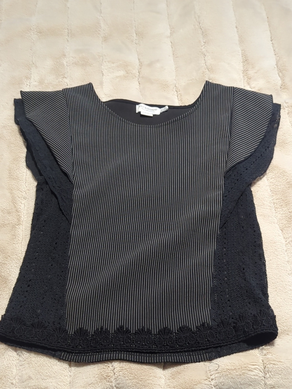 Striped Black Flutter Sleeve Lace-Trim Blouse